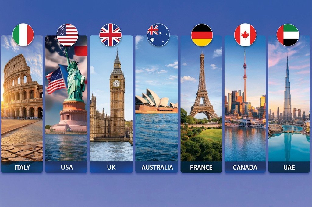 Study destination countries: Italy, USA, UK, Australia, France, Canada and UAE